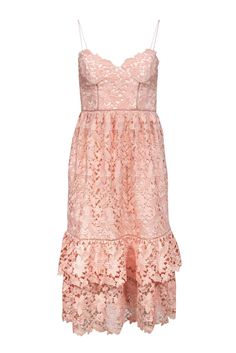 Current Boutique-Club Monaco - Pink Lace Tiered Midi Dress Sz 00 Prom Dresses With Delicate Lace And Fitted Bodice, Flirty Lace Dress With Sweetheart Neckline, Feminine Formal Dress With Lace Bodice, Formal Feminine Dress With Lace Bodice, Sweetheart Neckline Scallop Lace Prom Dress, Sweetheart Neckline Delicate Lace Prom Dress, Fitted Lace Dress With Feminine Style, Feminine Dresses With Scalloped Lace And Fitted Bodice, Pink Dress With Lace Bodice For Prom