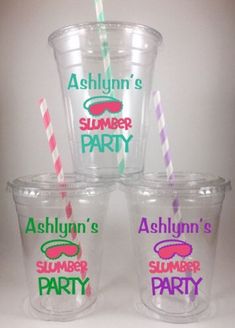 four plastic cups with different colored straws in them and the words ashlyn's summer party written on each cup