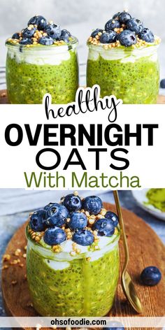 Text reads Healthy Overnight Oats With Matcha Powder Chia Recipes Breakfast, Chia Seeds Overnight, Healthy Chia Seed Recipes, Chia Seed Overnight, Chia Seed Overnight Oats, Yoga Cafe, Overnight Oats With Chia Seeds, Oats With Chia Seeds