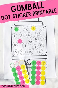 Text that says Gumball Dot Sticker Printable below is a picture of the printable with dot stickers that have been numbered 1-20 Gumball Crafts For Preschoolers, Just A Dot Not A Lot Printable Free, Dot Stickers Free Printables, Rainbow Dot Art Printable Free, Sticker Dot Printables, Dot Sticker Activities Kindergarten, Dot Sticker Activities Free Printables, Sticker Dot Activities, Dot Stickers Activities