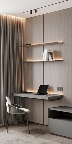 a modern home office with built - in shelving and lighting