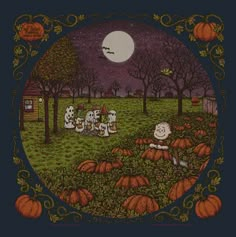 an image of a halloween scene with pumpkins and dogs in the yard at night