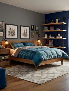 a bed room with a neatly made bed and blue walls