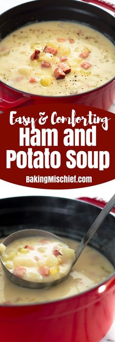 two bowls of ham and potato soup with text overlay