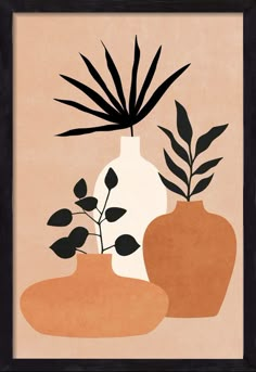 an art print with two vases and a plant in the middle, on a beige background