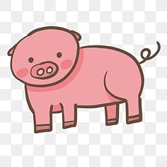 a pink pig is standing in the grass, with its head turned to the side