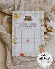 Host the most delightful and interactive baby shower with our Organic Baby Bingo Cards! This editable bingo card template is perfect for a Farmers Market-themed celebration, featuring charming illustrations of locally grown fruits and veggies. Simply customize, download, and print for a fun and easy-to-play game that's sure to be a hit at your gardening shower. Get your baby games bundle today and add a touch of love to your market baby shower! ✅ INSTANT ACCESS ✅ EDIT ALL TEXT/FONT & FONT COLOR Locally Grown Baby Shower Theme, Farmers Market Stand, Bingo Card Template, Market Stands, Baby Bingo, Bingo Card, Baby Shower Bingo, Games Printable, Play Game