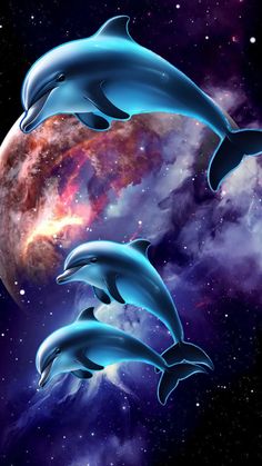 three dolphins are swimming in the ocean with space and stars behind them, as well as an earth - like object