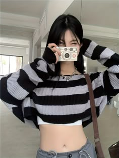 Striped Off Shoulder Knitted Top, Casual Long Sleeve Crop Sweater For – Kkboxly™ Aesthetic Wardrobe, Sleeve Crop Sweater, Y2k Girl, Casual Knitwear, Cropped Pullover, Pullover Outfit, Fall Clothes, Boatneck Sweater, Crop Sweater