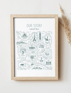 a framed poster with the words our story on it