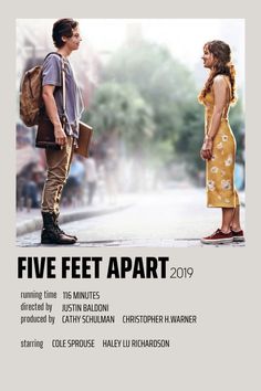 a movie poster for five feet apart with two people standing in the street and one person talking to each other