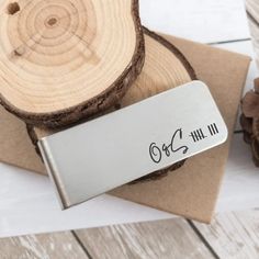 a metal name tag sitting on top of a piece of wood next to some pine cones