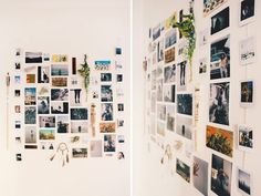 there are many pictures on the wall and one is hanging from the wall with scissors