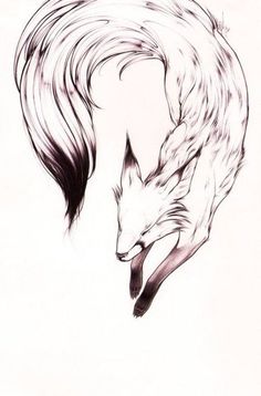 a black and white drawing of a fox's head with its tail curled up