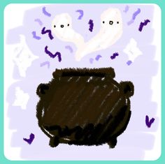 a drawing of a pot with two ghost faces coming out of it