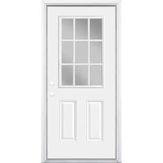 a white door with glass panels on the top and bottom panel, in front of a white background