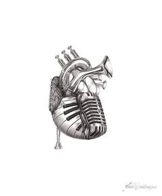 a drawing of a human heart with musical instruments in it's middle and the top part of its body