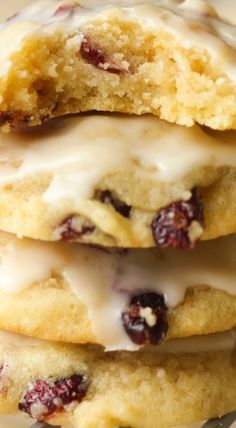 three cranberry cookies stacked on top of each other