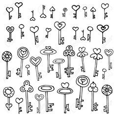 a bunch of keys that are drawn in black ink with hearts and arrows on them