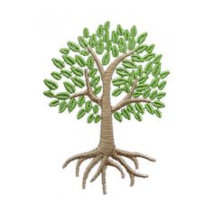 an embroidered tree with green leaves and roots