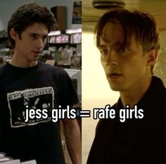 two young men standing next to each other in front of bookshelves and the words jess girls = rate girls