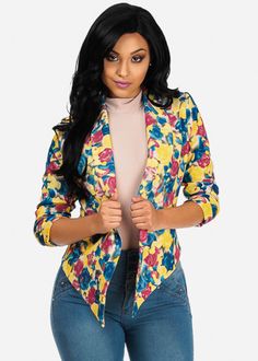 Floral Open-Front Jacket Office For Women, Collage Clothes, Corporate Wears, Model Blazer, Trendy Work Outfit, Leather And Denim, Cropped Jackets, Mode Kimono, Corporate Wear