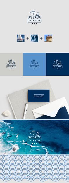 the logo and business cards are designed to look like an ocean scene with waves in blue,