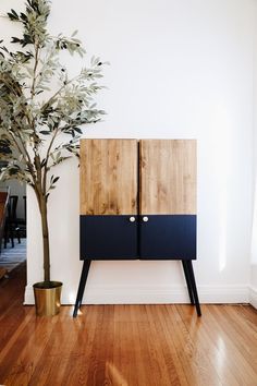 a wooden cabinet sitting next to a potted plant on top of a hard wood floor