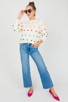 Multicolor three-dimensional pom poms give this ivory sweater such a fun and cute look. Sweater features a classic fit and ribbed edges. Stacy shows it layered with the "Casey Crew Tank" for added length with leggings! Pom Pom Sweater, Mini Pom, Ivory Sweater, Blue Door, Pom Poms, Jumpers And Cardigans, Boutique Clothing, Three Dimensional, Warm And Cozy