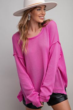 Love Pink Oversized Sweater Put on this pink oversized sweater for a casually cute look! With its rounded neckline, relaxed and loose fit, and dropped shoulders, this lightweight sweater is perfect for any occasion. The ribbed edges add a touch of texture and style. SMALL MEASUREMENTS : LENGTH - 25" & BUST - 28 5/8" MODEL HEIGHT 5'9 Fabric Content: Polyester Outfits For Mom, Pink Oversized Sweater, Outfits Everyday, Fall Stuff, Solid Sweaters, Valentine's Day Outfit, Western Boho, Lightweight Sweater, Mom Outfits