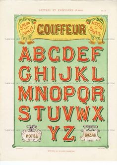 an old fashioned alphabet is shown in red and green letters, with the words'coiff