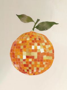 an orange with green leaves on it is shown in the middle of a white background