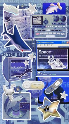 a collage of various stickers and pictures on a blue background with white stars