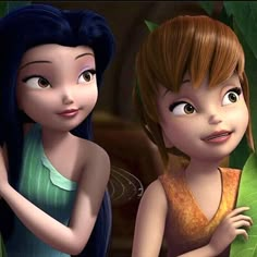 two cartoon girls standing next to each other in front of green leaves, one with her arm around the other's shoulder