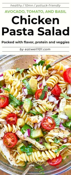 chicken pasta salad in a glass bowl on a wooden table