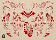 an image of birds and flowers in red ink