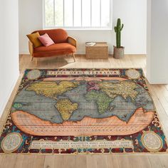 an old world map rug in a living room