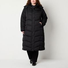 With its full-length and heavyweight fill, this St. John's Bay women's plus puffer jacket will keep you warm even on the chilliest days. It's made from a woven fabric and features a regular-fit, a hood, a zip and snap-button front, and side slip pockets. Closure Type: Snap & ZipperFit: Regular FitNeckline: Hooded NeckPockets: 2 Side Slip PocketsSleeve Length: Long SleeveWarmth Factor: HeavyweightApparel Length: 53 InchesOuterwear Length: LongFiber Content: 100% PolyesterFabric Description: Woven Puffer Jacket Women, Puffer Jacket, Snap Button, Woven Fabric, Full Length, Puffer, Coats Jackets, Plus Size, Black