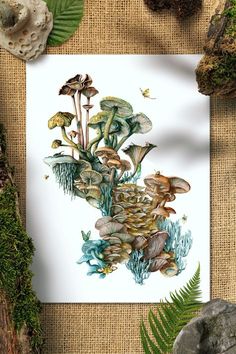 a card with mushrooms and plants on it