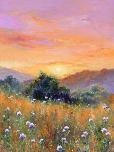 an oil painting of a sunset over a field with wildflowers in the foreground