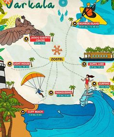 an illustrated map shows the locations of various tourist attractions in varkala, sri lanka