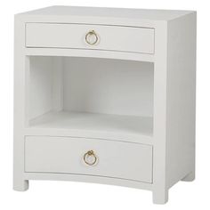 a white night stand with two drawers