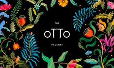 the otto hackney logo surrounded by colorful flowers and leaves on a black background with space for text