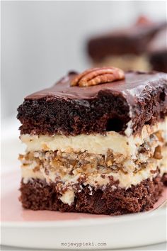 a piece of cake on a plate with pecans in the middle and chocolate frosting