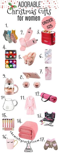 christmas gifts for women that are pink and white with the words, adorable christmas gifts for women