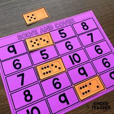 a purple board with yellow numbers on it and some stickers that say solve and cover