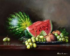 a painting of watermelon and grapes on a table