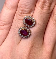 Natural Burmese Ruby and Natural Diamonds Earrings in 18 K Yellow Gold  Weight of Natural Ruby  2 pcs  2.25 ct Weight of Natural Diamonds 26 pcs  0.47 ct Total Weight of Earring 4.79 gm Ruby each of measurements  7.20 x 5.22 mm /  6.91 x 5.49 mm Length and Width of Ruby and Diamond 11.39 x 9.86 mm Gemstone  -  Natural Ruby  Colour  -   Intense Red  Transparency  -  Transparent  Treatments  -  Natural Heated    { No Treated  / No Colour Dye } Clarity  -  Si Hardness  9 Origin of Ruby  Mong Hsu Bu Burmese Ruby, Pretty Jewelry Necklaces, Diamond Necklace Designs, Baby Jewelry, Ruby Earrings, Wedding Jewelry Earrings, July Birthstone, Bridal Gold Jewellery, Natural Ruby