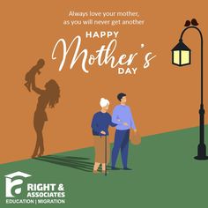 a woman and man standing next to each other near a street light with the words happy mother's day written on it