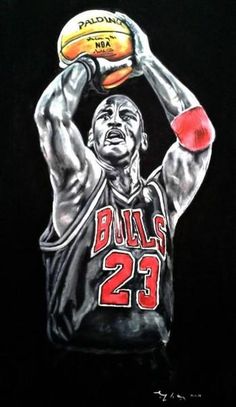 a painting of a basketball player holding a ball in his hand with the number 23 on it